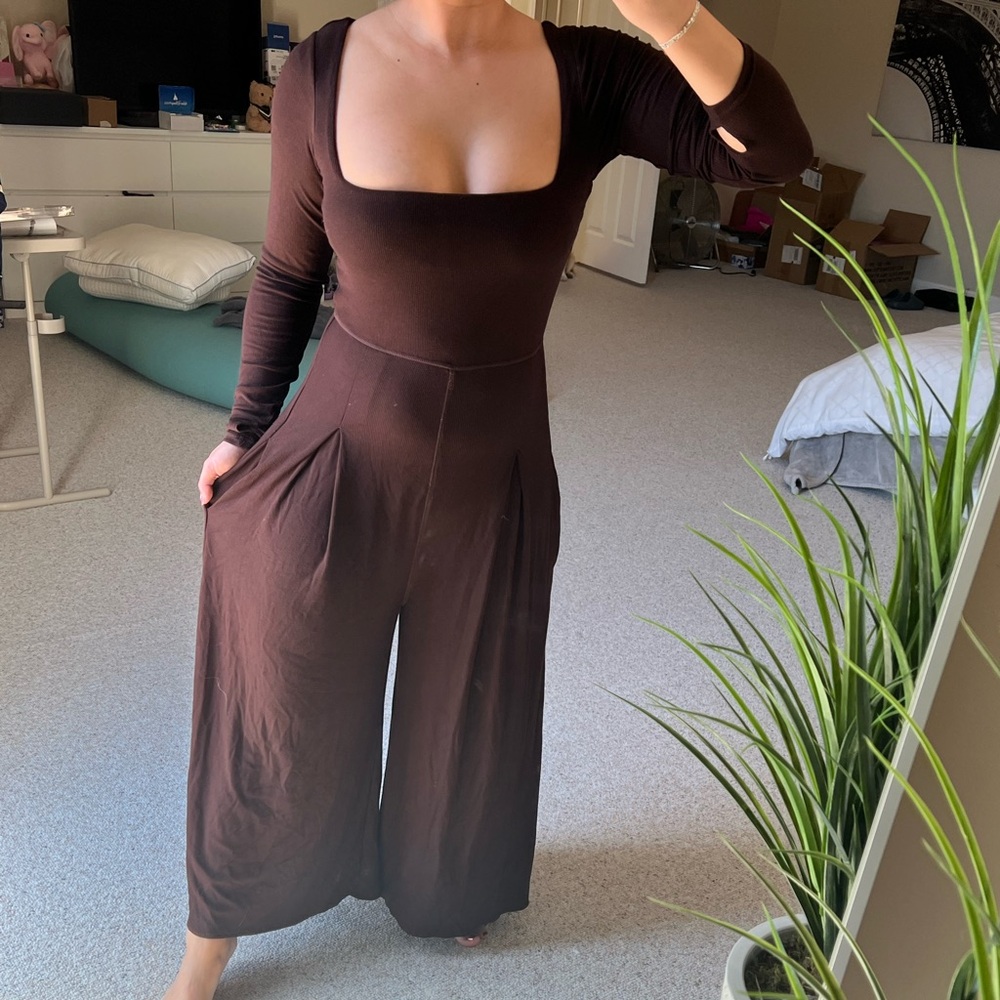 Popflex Go With The Flow Long Sleeve Jumpsuit - Cocoa Petite